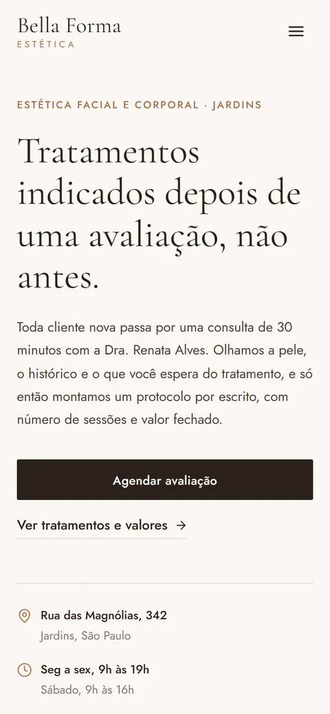 Site modelo Bella Forma criado pela CodeWave, visto no celular